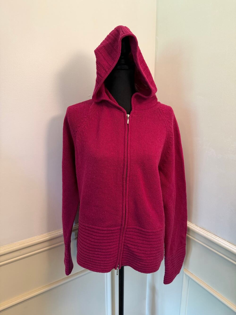 Vintage Alexandra Bartlett Lambswool Knit Hooded Full-Zip Sweater Jacket Fuchsia